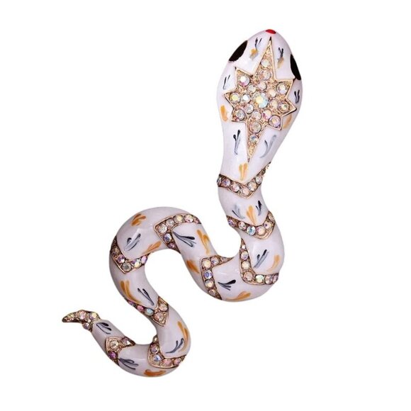 Womens Snake Brooch Pin Pendant White Enamel Clear Rhinestone Gold Tone - Picture 3 of 3